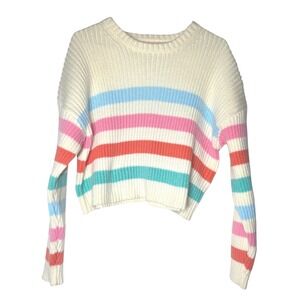 Pink Lily Rainbow Striped Ribbed Knit Sweater Small Cream Pink Blue Orange Teal‎